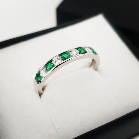 925 Sterling Silver Channel Set Cz Emerald Half Eternity Ring