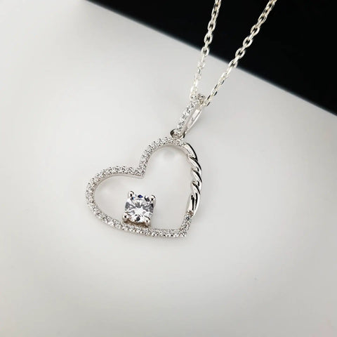 925 Sterling Silver Cz Heart Pendant and Single Stone Feature with Chain