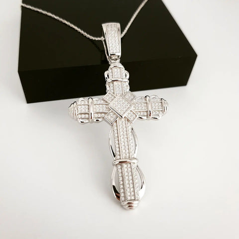 925 Sterling Silver Big Fancy CZ Cross with Chain