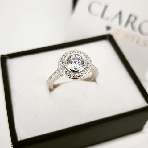 925 Sterling Silver Cz Rubover Halo Ring