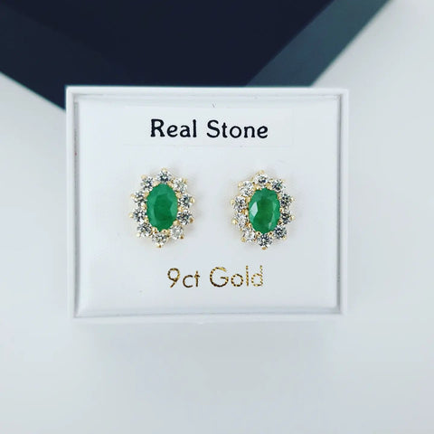 9ct Yellow Gold Natural Emerald & Cubic Zirconia Cluster Stud Earrings
