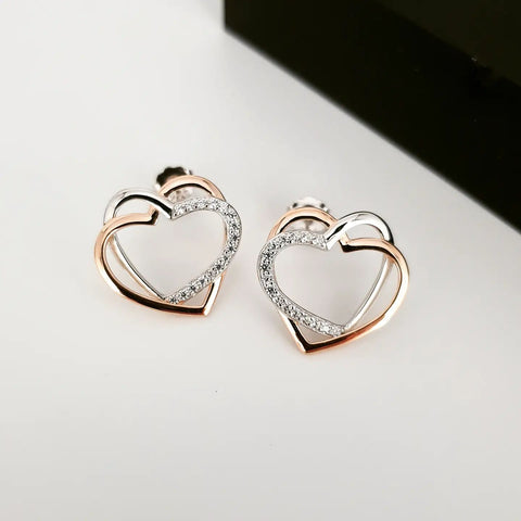 925 Sterling Silver Cz Two Tone Double Heart Stud Earrings