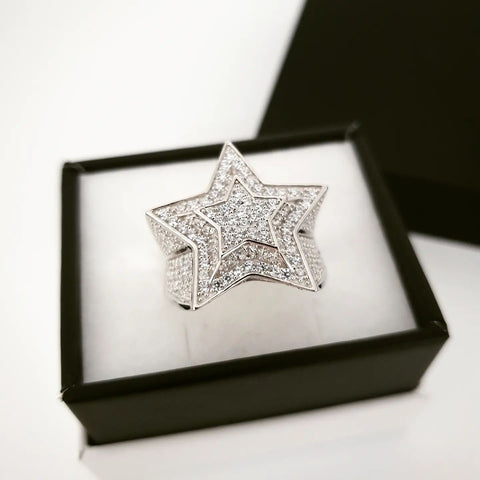 925 Sterling Silver Cz 3D Star Gents Ring