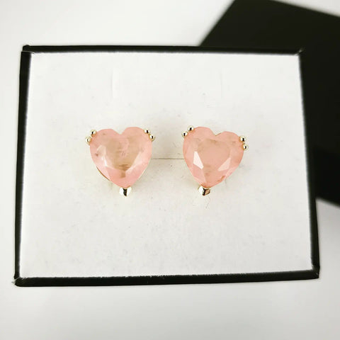 925 Sterling Silver YG Coated Pink Heart Stud Earrings