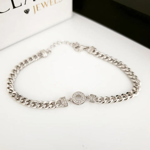 925 Sterling Silver Cz Circle of Life Ladies Curb Chain Bracelet