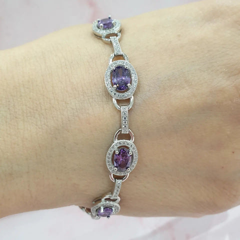 925 Sterling Silver Oval Amethyst Halo Cz Bracelet - J Jaz