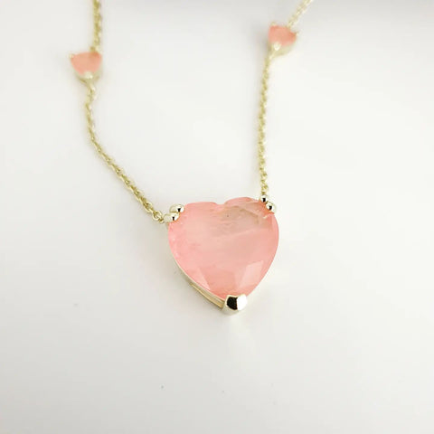 925 Sterling Silver Yellow Gold Coated Pink Heart Drop Necklace 18" Chain