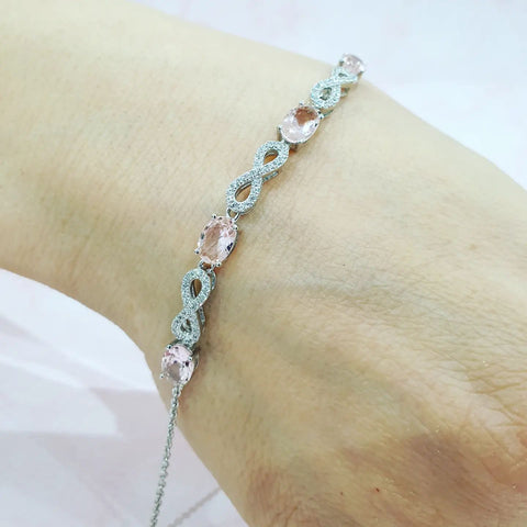 925 Sterling Silver Morganite & White Cz's Infinity Bracelet - J Jaz