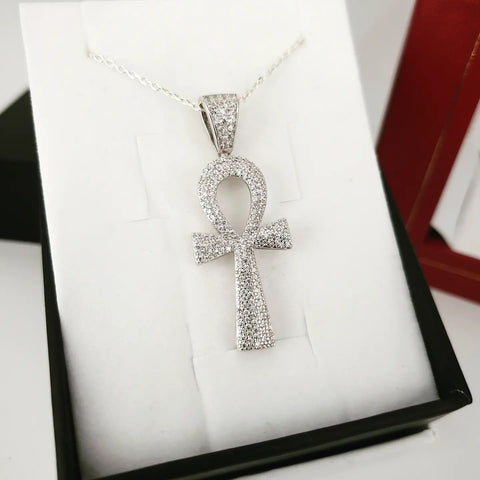 925 Sterling Silver CZ Ankh Cross - Key of Life Pendant with Chain