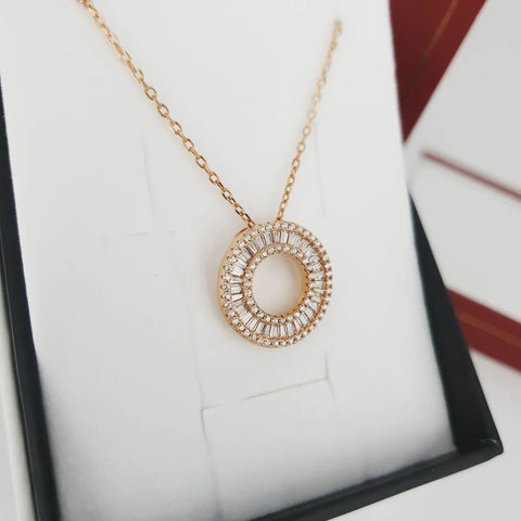 925 Sterling Silver Rose Coated Silver Circle of Life Baguettes & Round Cz 17" Necklace