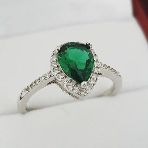925 Sterling Silver Emerald Cz Tear Drop Halo Ring