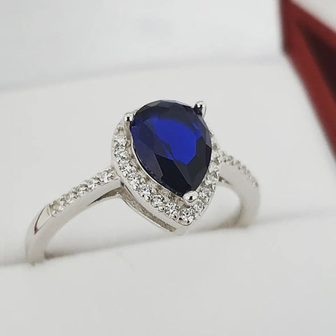 925 Sterling Silver Blue Sapphire Cz Tear Drop Halo Ring