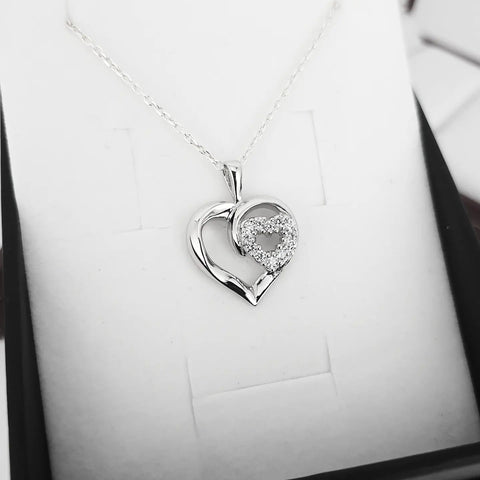 925 Sterling Silver Double Cz Heart Pendant with 18" Chain