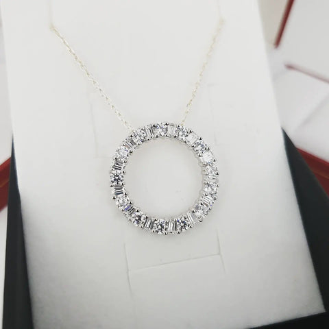 925 Sterling Silver Baguette and Round Cut Cz Circle of Life Pendant with Chain