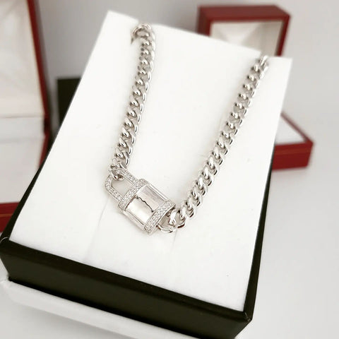 925 Sterling Silver Padlock Choker Necklace 16" Thick Chain