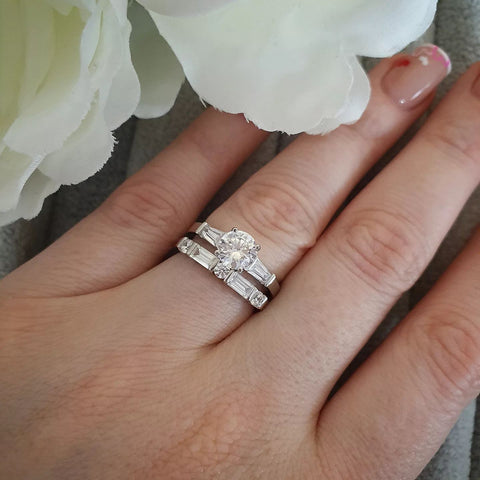 925 Sterling Silver Round & Baguette Cut Bridal Ring Set