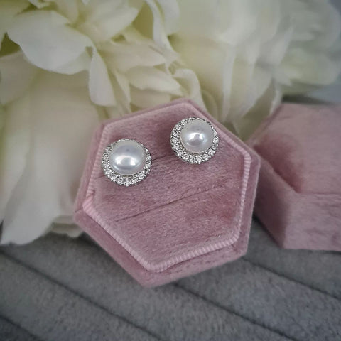 925 Sterling Silver Pearl & Cz Stud Earrings