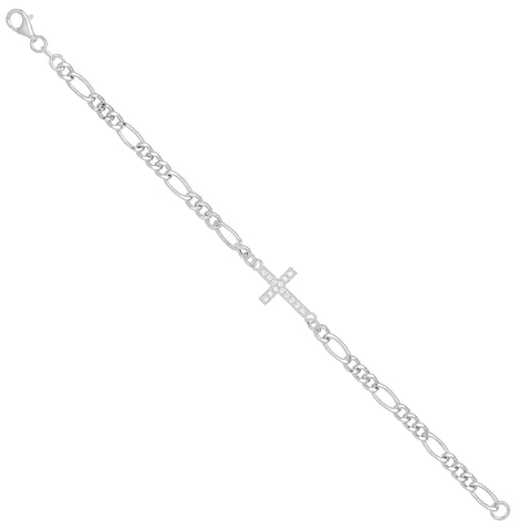 925 Sterling Silver Figaro Chain with Cz Cross Bracelet