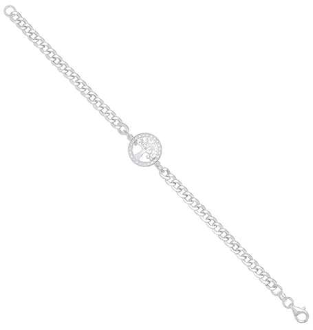 925 Sterling Silver Flat Curb Chain , Cz Tree of Life Bracelet