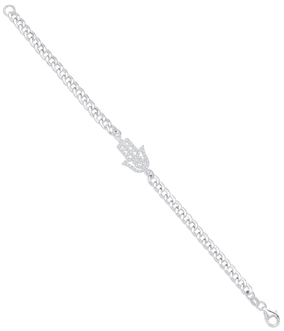 925 Sterling Silver Cz Hamsa Curb Chain Bracelet 7"
