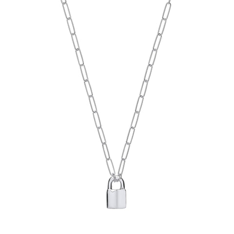 925 Sterling Silver Paperclip Chain & Padlock Charm Necklace