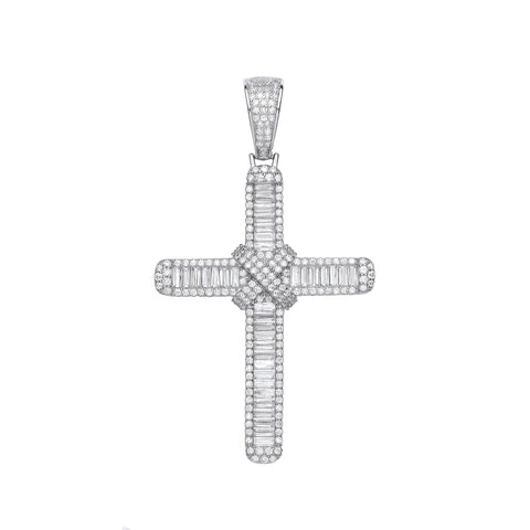 925 Sterling Silver Baguettes & Round Cubic Zirconia Large Cross With Chain
