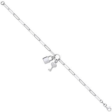 925 Sterling Silver Paperclip Chain , Padlock & CZ Key Bracelet