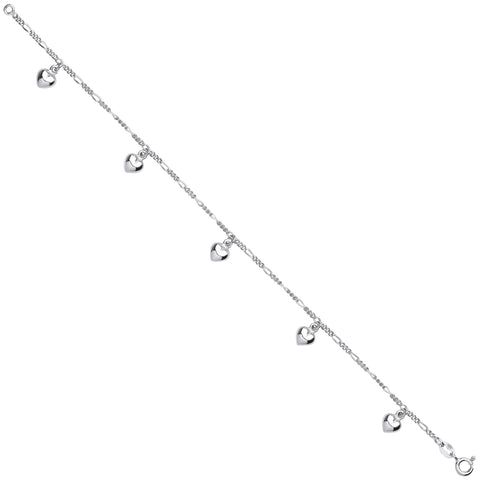 925 Sterling Silver Figaro Chain with Heart Charms Bracelet