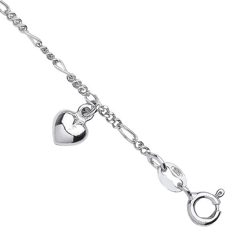 925 Sterling Silver Figaro Chain with Heart Charms Bracelet