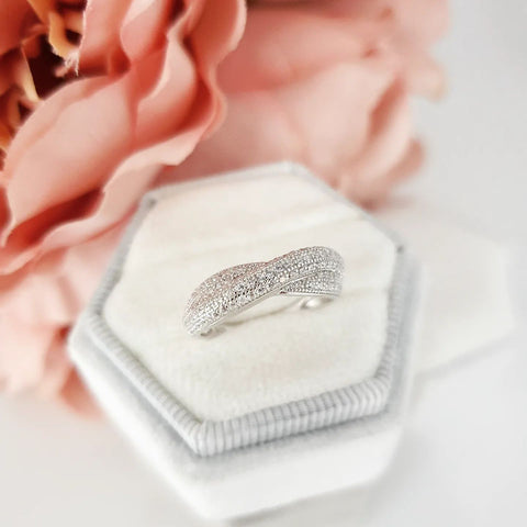 925 Sterling Silver Pave Set Cz Crossover Ring