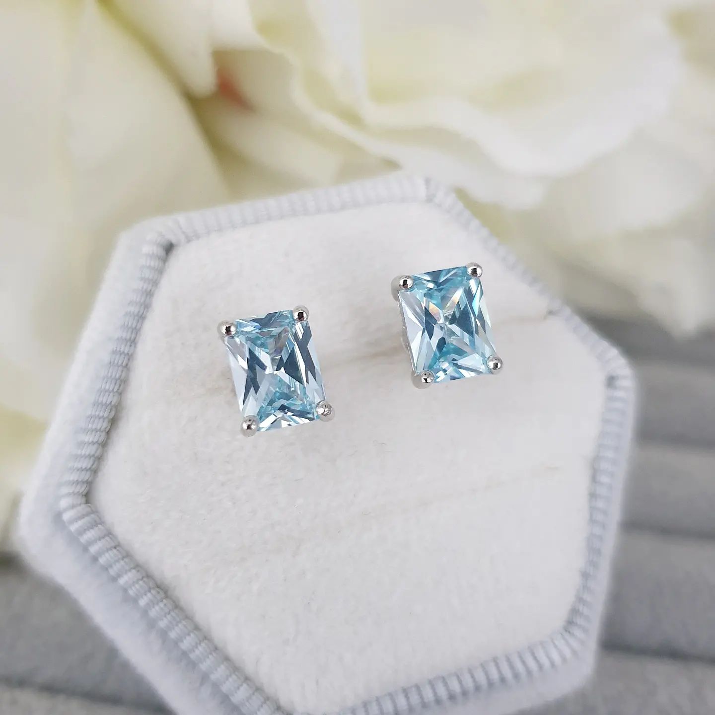 925 Sterling Silver Aqua Cubic Zirconia Emerald Cut Stud Earrings