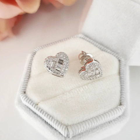 925 Sterling Silver Baguette & Round Cz Heart Cluster Stud Earrings