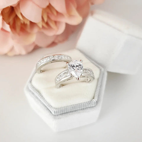 925 Sterling Silver Bridal Set, Pear Cz Centre Rings