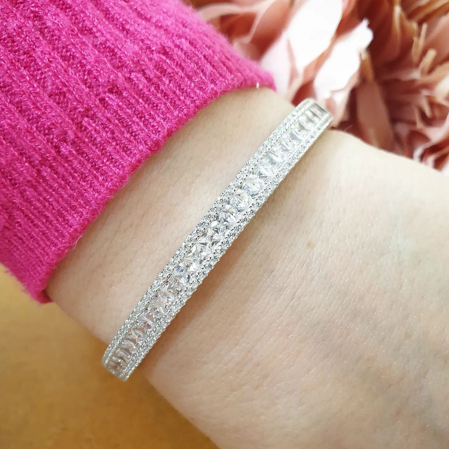 925 Sterling Silver Hinged Princess Cut & Round CZs Bangle