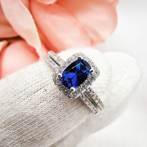 925 Sterling Silver Blue Sapphire Cz Emerald Cut Halo Ring Set