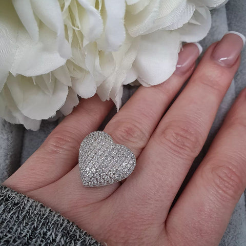 925 Sterling Silver Large Heart Pave Cluster Ring