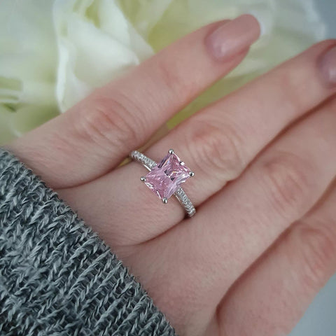 925 Sterling Silver Pink Emerald Cut Cz with Round Cz Shoulders Ring