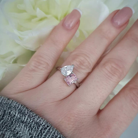 925 Sterling Silver Pink & White Cz Tension Crossover Ring