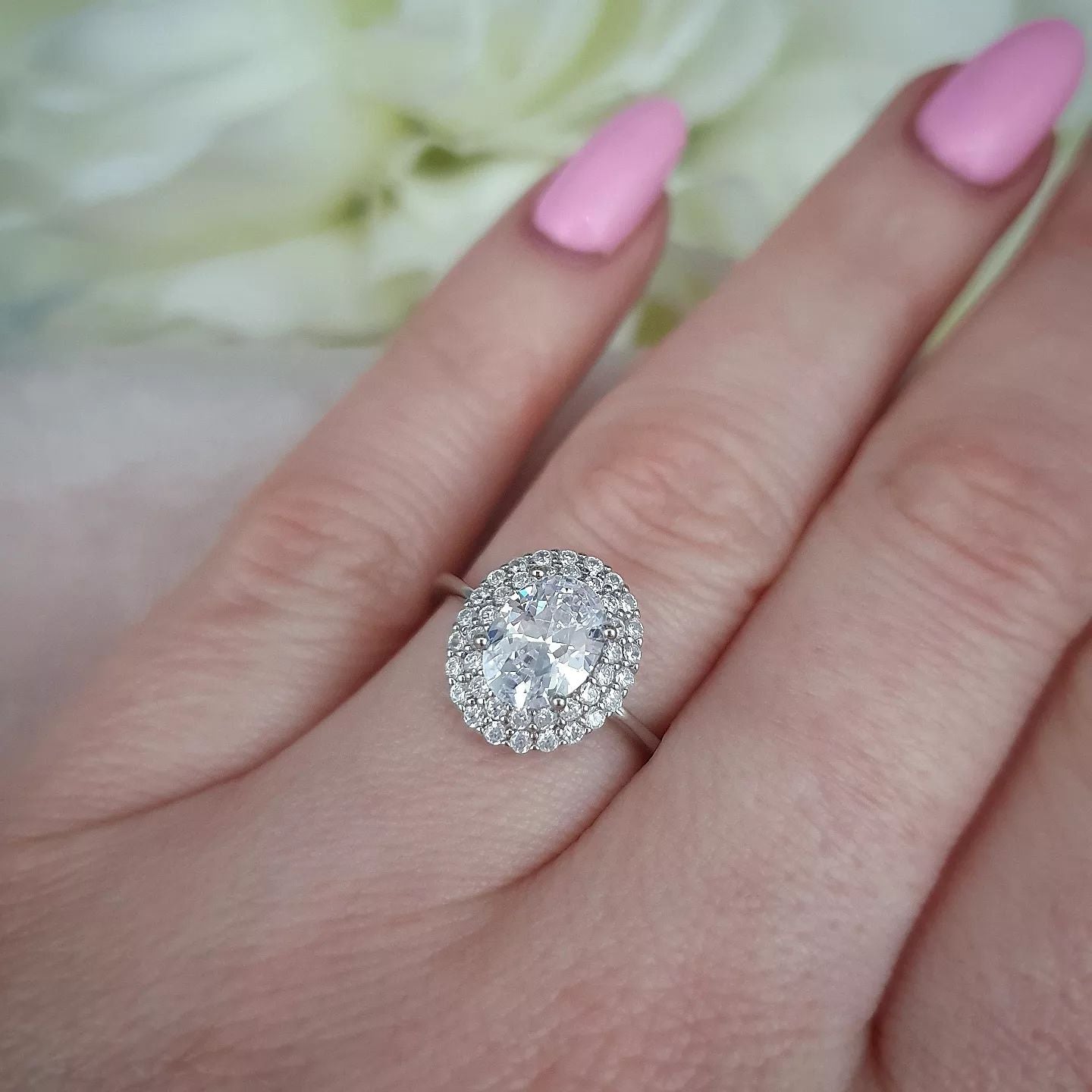 925 Sterling Silver Oval Cz Double Halo Ring