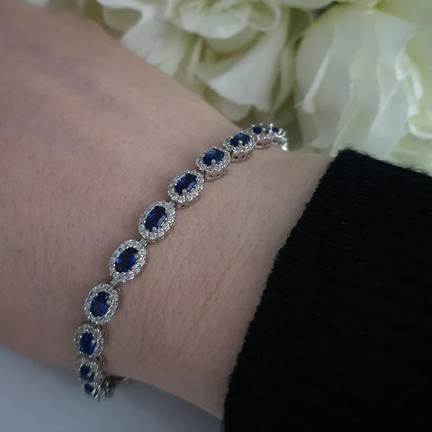 925 Sterling Silver Sapphire Blue Oval Cz Ladies Bracelet