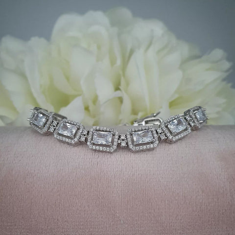 925 Sterling Silver Clear Cz Emerald Cut in a Halo Style Tennis Bracelet