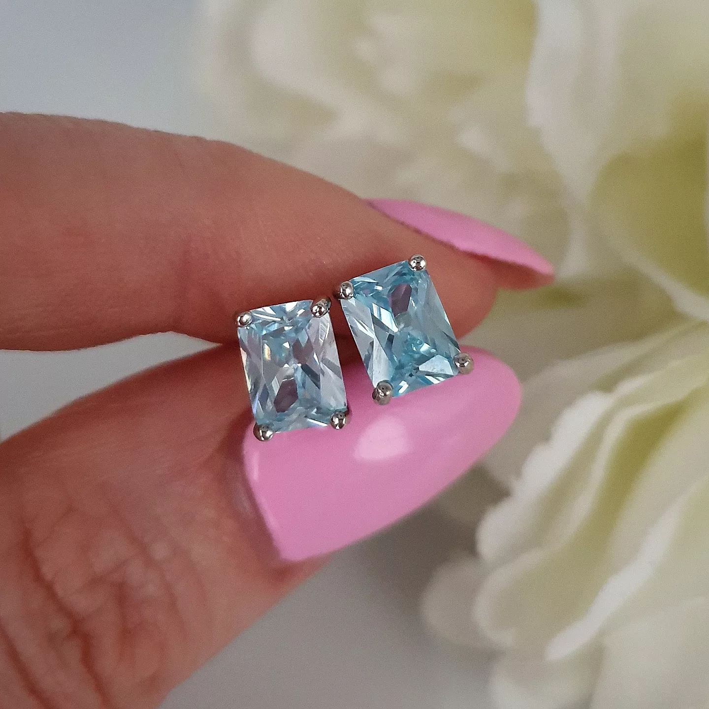 925 Sterling Silver Aqua Cubic Zirconia Emerald Cut Stud Earrings