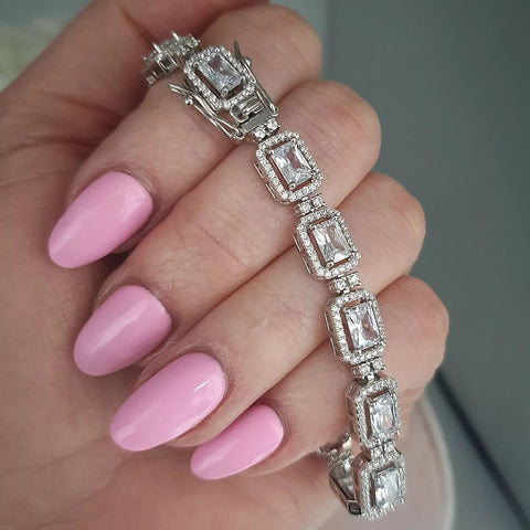 925 Sterling Silver Clear Cz Emerald Cut in a Halo Style Tennis Bracelet