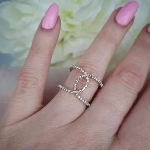 925 Sterling Silver Micro Pave Cz Two Row Interlocking Cuff Ring