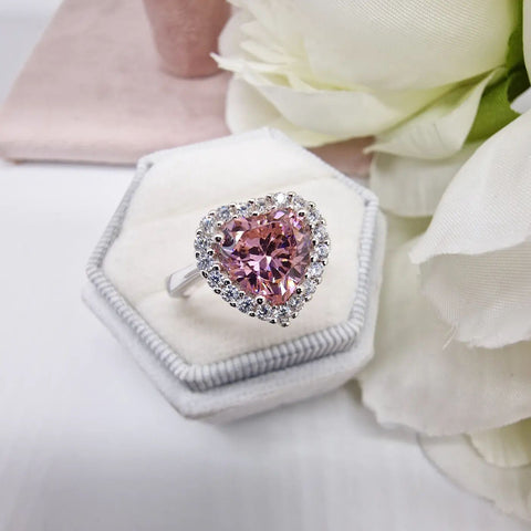 925 Sterling Silver Pink Cz Heart Cluster Ring