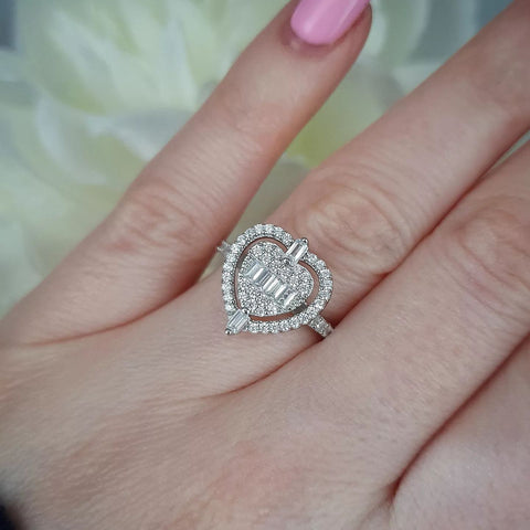 925 Sterling Silver Baguette & Round Cut Cz Heart Cluster Ring