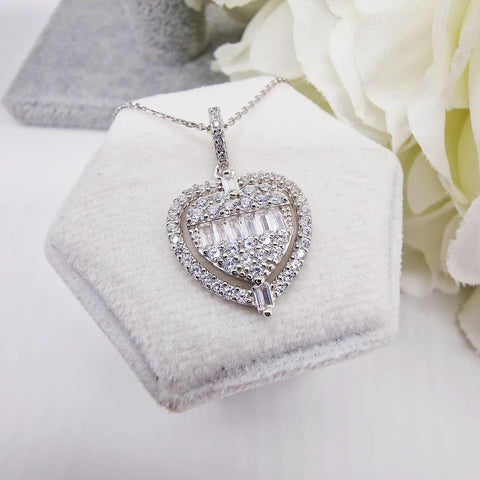 925 Sterling Silver Baguette & Round Cut Heart Cz Cluster Pendant with Chain
