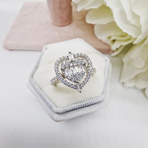 925 Sterling Silver Baguette & Round Cut Cz Heart Cluster Ring