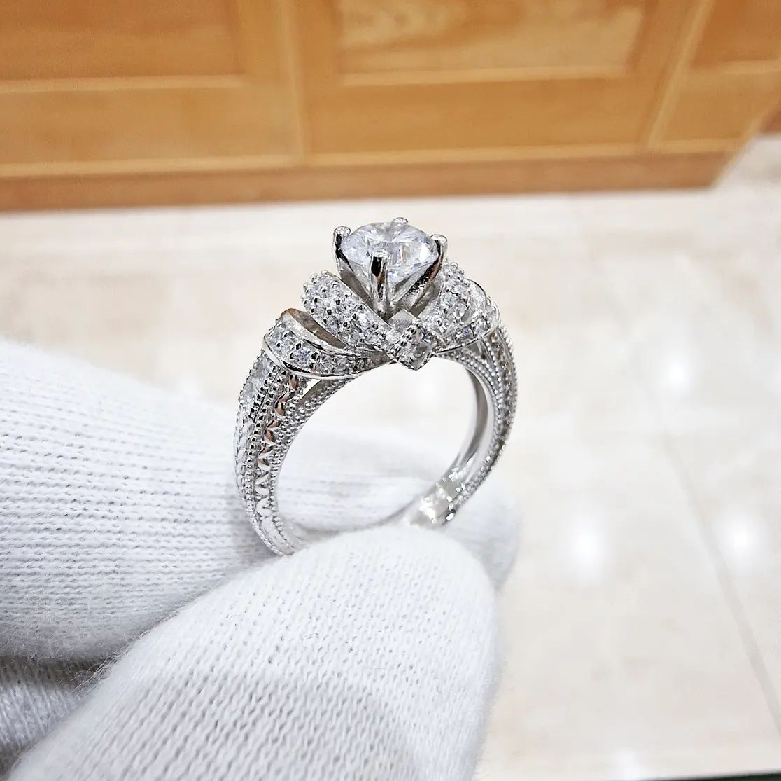 925 Sterling Silver Vintage Cz Solitaire Ring with Millgrain Basket